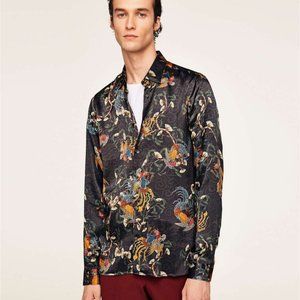 zara men's M long sleeve floral relaxed fit viscose shirt oriental print